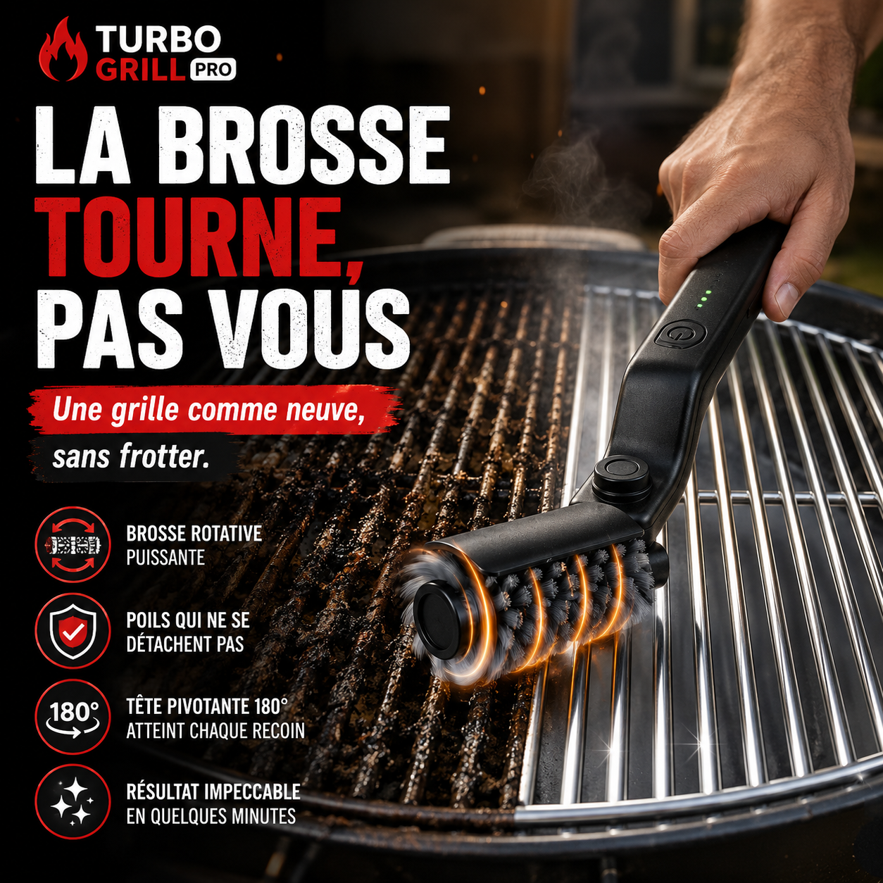 TurboGrill Pro™ — Brosse électrique rotative pour grille de barbecue